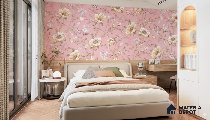 Floral themed bedroom with pink accent wall in 3bhk apartment in Durga Petals Marathahalli Bengaluru | Material Depot