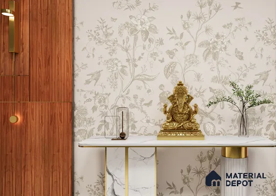 Floral Wallpaper Pooja Space with Marble Console and Wooden Louvers | Material Depot