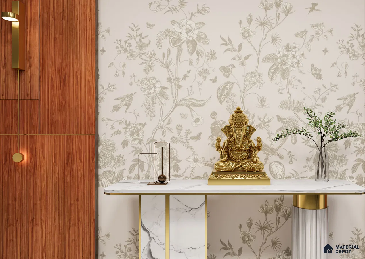 Floral Wallpaper Pooja Space with Marble Console and Wooden Louvers | Material Depot