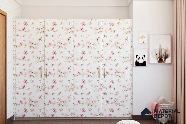 A wardrobe with a floral design in a white room