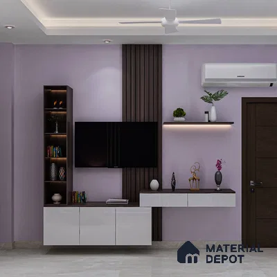Modern TV Unit with Fluted Panels and Lilac Accent Wall.