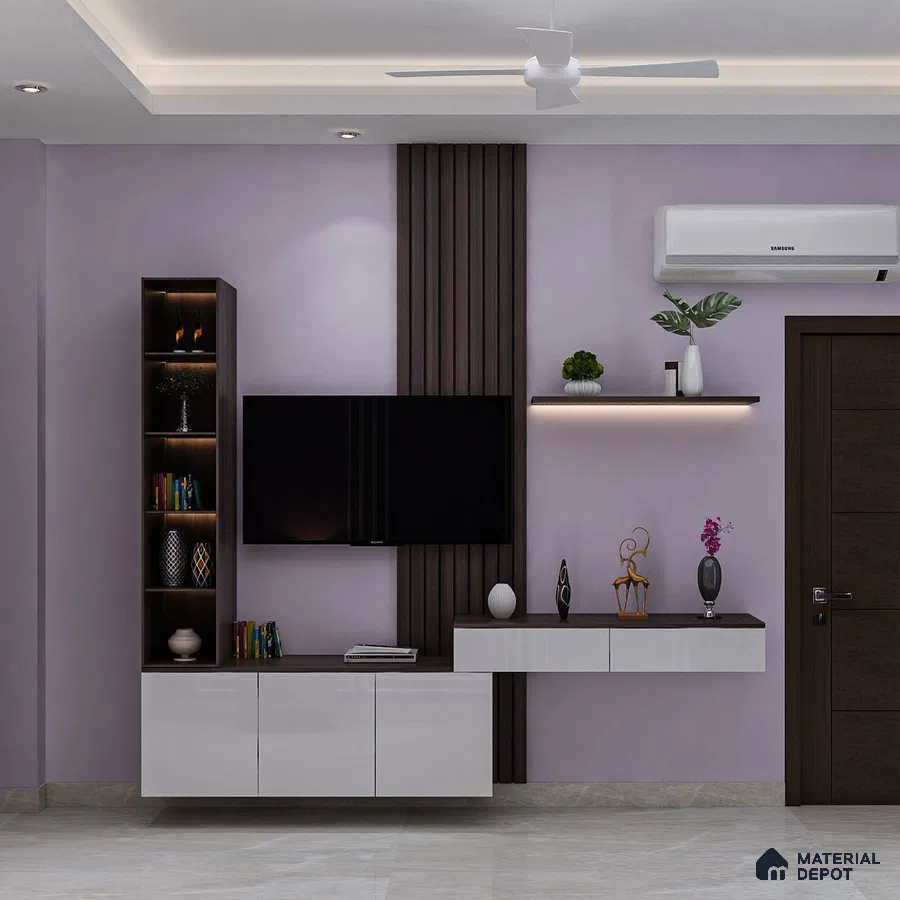 Modern TV Unit with Fluted Panels and Lilac Accent Wall.