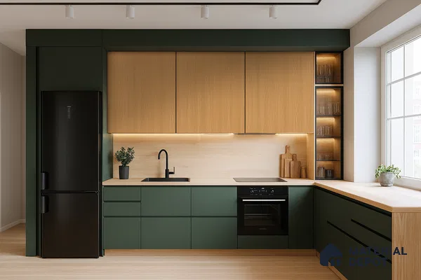 Terracotta and Oak Kitchen with Glossy Cabinets and Grid Tile Backsplash | Material Depot