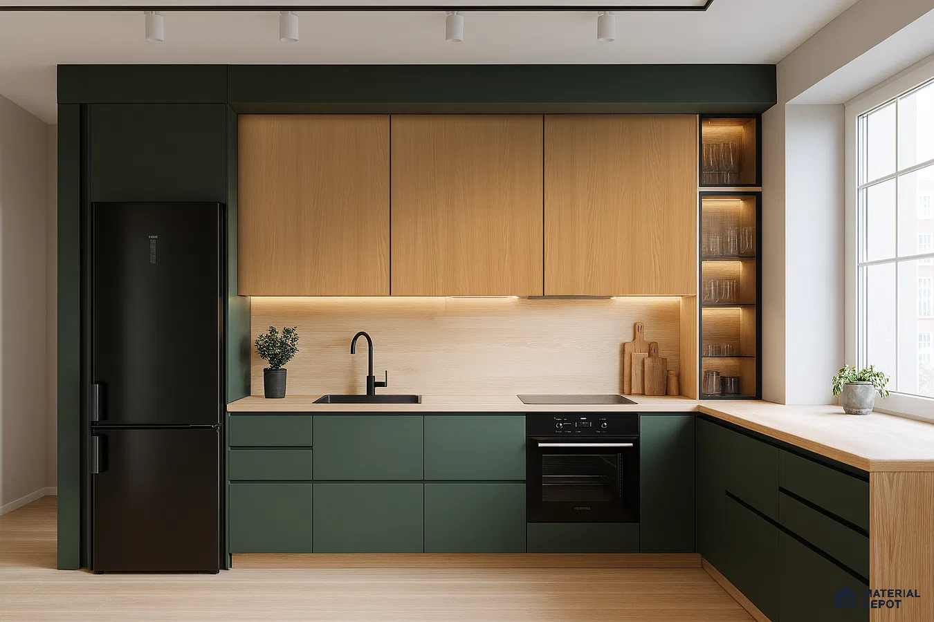 Terracotta and Oak Kitchen with Glossy Cabinets and Grid Tile Backsplash | Material Depot