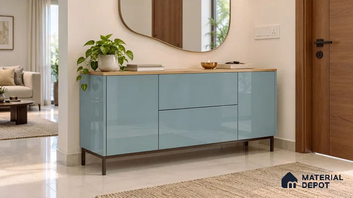 Foyer with Aqua Blue High-Gloss Laminate Sideboard and Wood Top