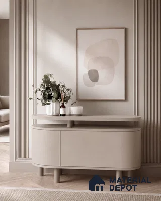 Foyer with Beige Laminate Curved Console and Wood-Look Herringbone Floor Tile