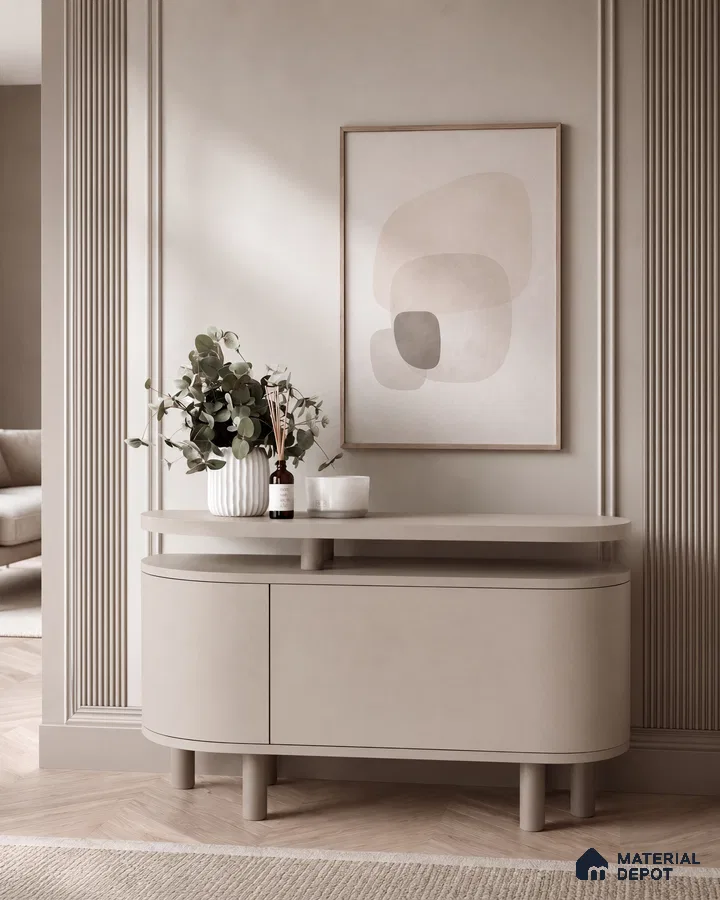 Foyer with Beige Laminate Curved Console and Wood-Look Herringbone Floor Tile