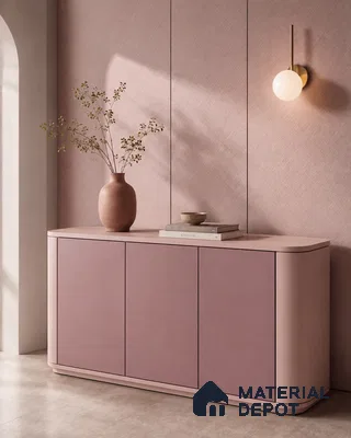 Foyer with Blush Pink Textured Laminate Wall Panel and Mauve Console