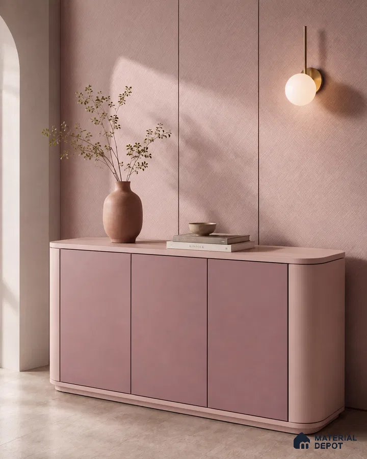 Foyer with Blush Pink Textured Laminate Wall Panel and Mauve Console