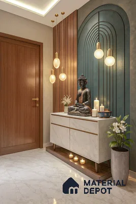 Foyer with Buddha statue and arched backdrop in 3bhk apartment in Durga Petals Marathahalli Bengaluru | Material Depot