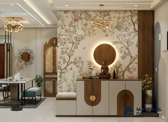 Foyer with Floral Wallpaper and Modern Storage in 3BHK Apartment, Brigade Metropolis Mahadevpura Whitefield | Material Depot