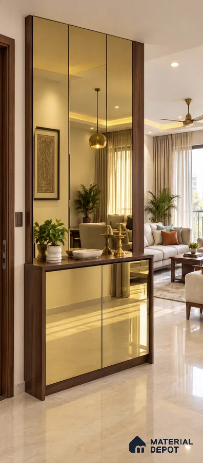 Foyer with Gold Mirror-Finish Laminate Cabinet and Walnut Frame