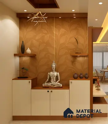 Foyer with Golden Wallpaper and Wooden Storage in 3BHK Apartment, Sumadhura Silver Ripples Whitefield | Material Depot