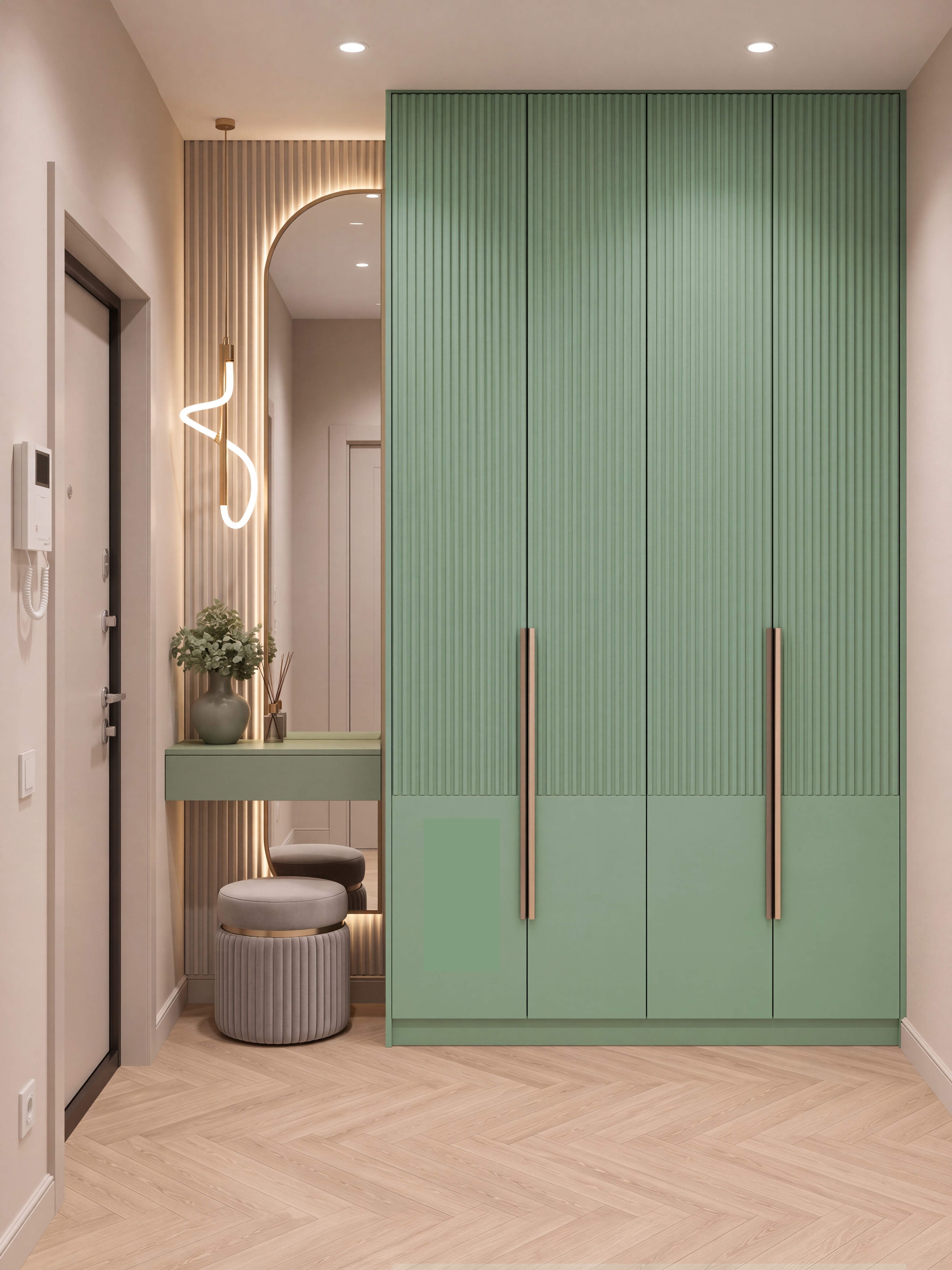 Foyer with Mint Green Fluted Texture and Matte Laminate Shoe Cabinet