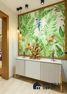 Foyer with Tropical Leaf & Parrot Wallpaper Panel, Wall-Mounted Console Unit, Pendant Lighting & Decorative Ganesha Idol Display in Prestige Royal Garden Doddaballapur | Material Depot