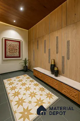 Foyer with Veneer Wall Panelling, Moroccan Tile Inlay Flooring and Ornate Bench Detailing at Prestige Misty Waters Hebbal | Material Depot