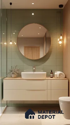 Fresh and Modern: Minimalist Bathroom with Green Tiles and Wooden Accents | Material Depot