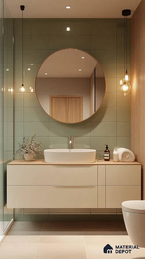 Fresh and Modern: Minimalist Bathroom with Green Tiles and Wooden Accents | Material Depot