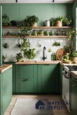 Fresh and vibrant kitchen with green cabinets, natural wood shelves, and an abundance of greenery. | Material Depot