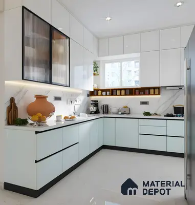 Frosted Aqua Acrylic & Marble Charm: A Bright L-Shaped Kitchen With Fluted Glass And Open Spice Shelf | Material Depot
