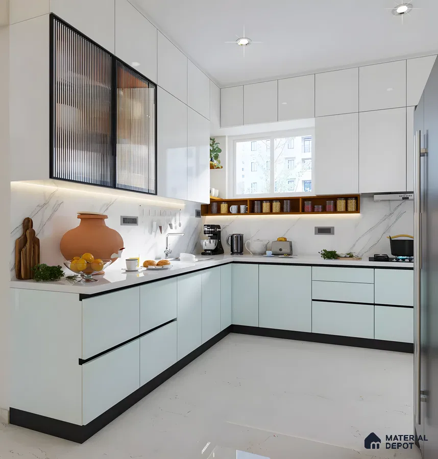 Frosted Aqua Acrylic & Marble Charm: A Bright L-Shaped Kitchen With Fluted Glass And Open Spice Shelf | Material Depot