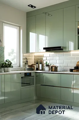 Functional Kitchen With Blue Laminate And Wooden Laminates | Material Depot