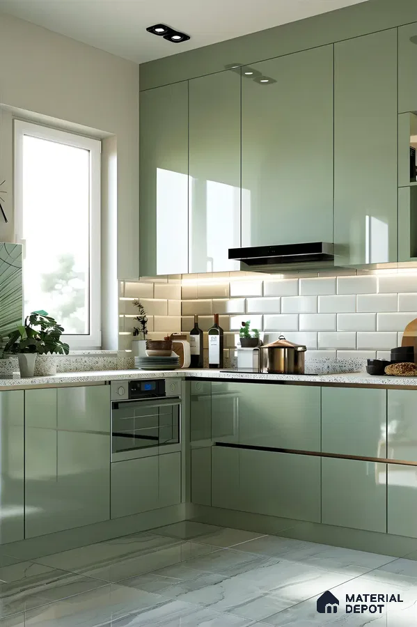 Functional Kitchen With Blue Laminate And Wooden Laminates | Material Depot