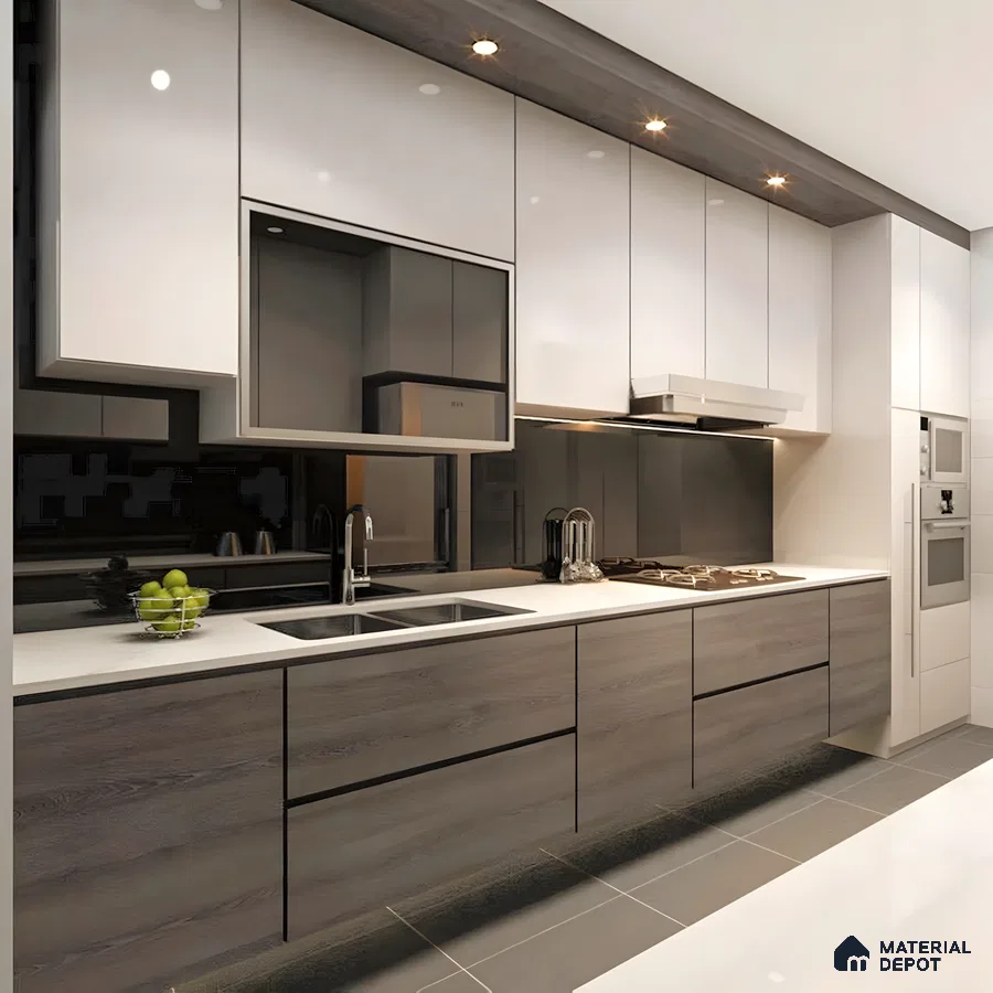 Functional Kitchen With Grey Tiled Floor | Material Depot