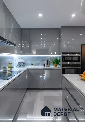 Futuristic Grey Gloss Modular Kitchen With Ambient Lighting | Material Depot