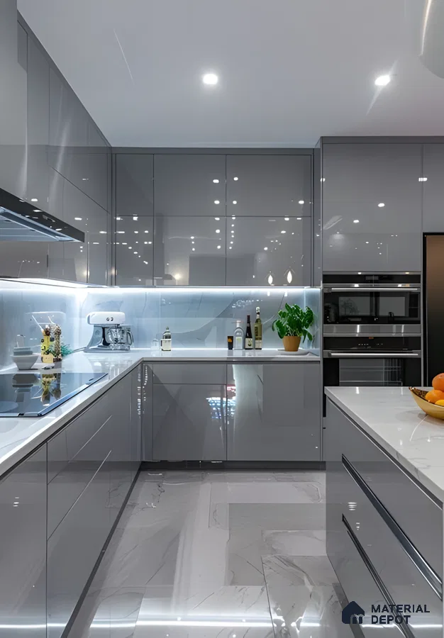 Futuristic Grey Gloss Modular Kitchen With Ambient Lighting | Material Depot