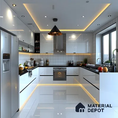Futuristic U Shaped Modular Kitchen With Glossy White Cabinets And Led Lighting | Material Depot