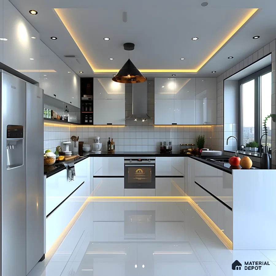 Futuristic U Shaped Modular Kitchen With Glossy White Cabinets And Led Lighting | Material Depot