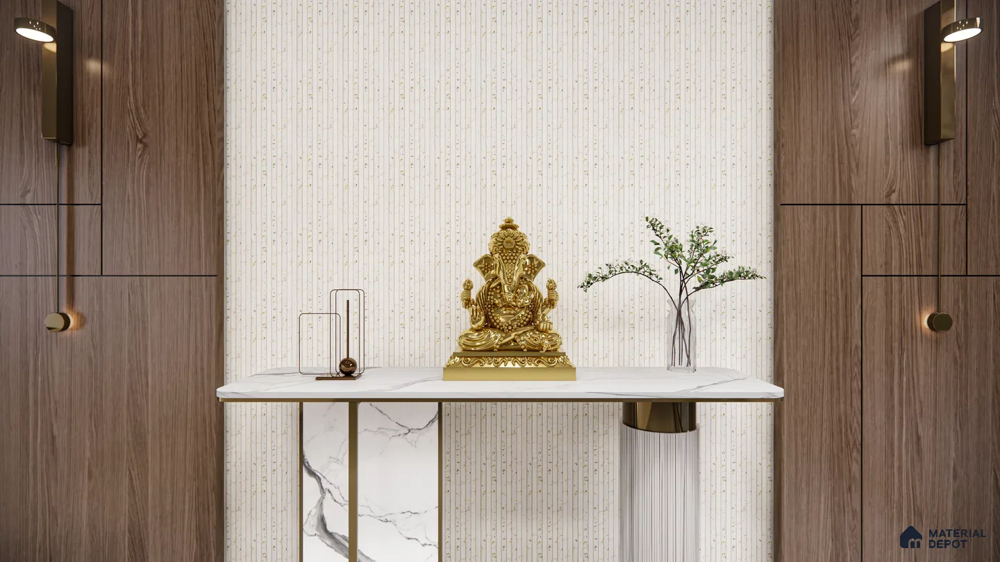 Ganpati Mandir Niche with Textured Wall and Fluted Panel Accents | Material Depot