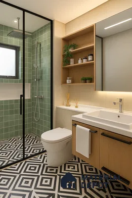 Geometric Bold Bathroom with Green Subway Tiles and Oak Cabinetry in 2 BHK NCC Urban Mayfair, Yelahanka | Material Depot