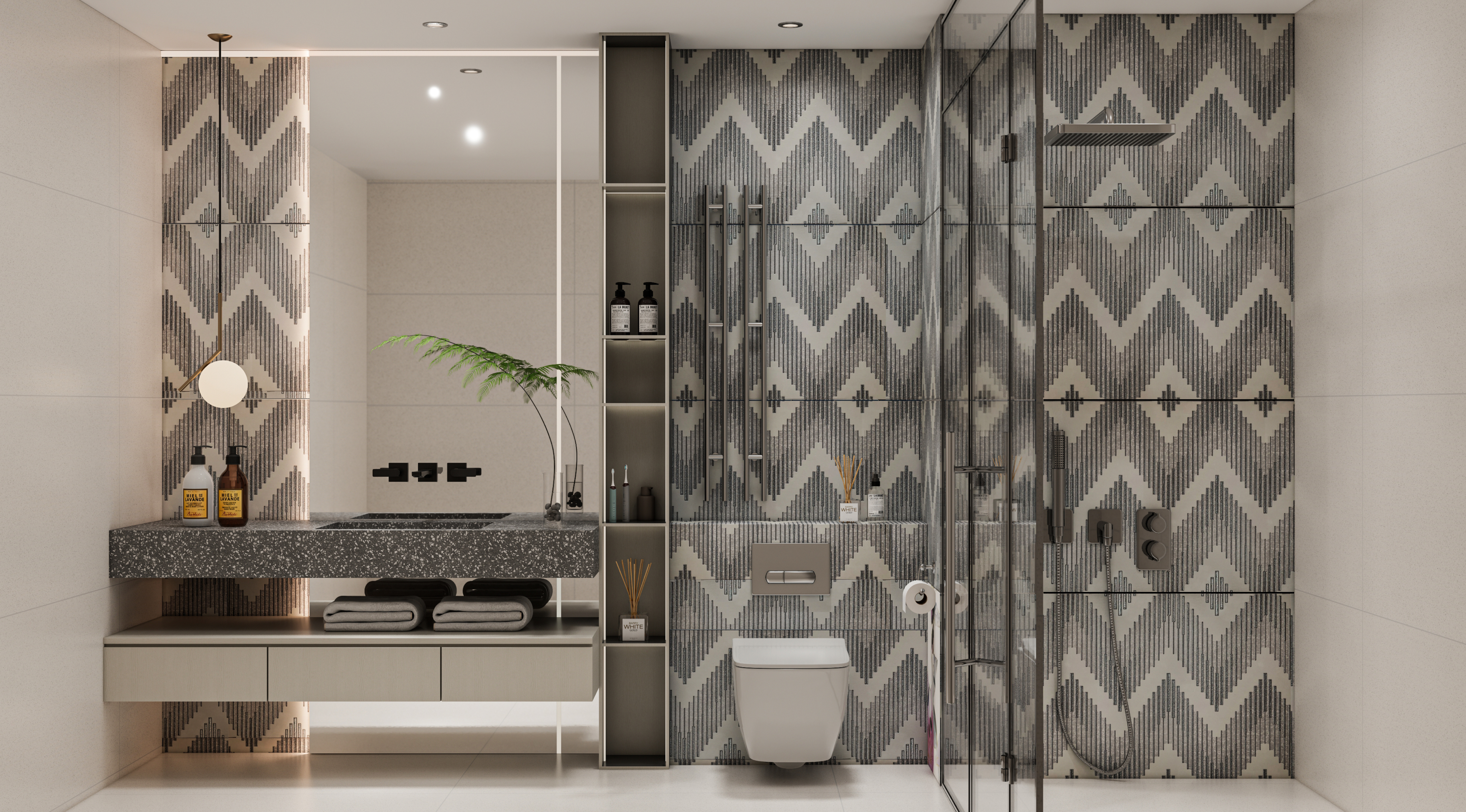 Geometric Chevron Highlighter Tiles in a Luxurious Bathroom | Material Depot