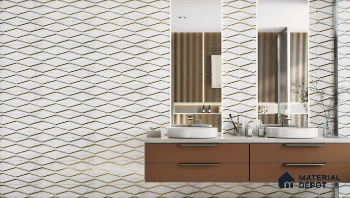 Chic bathroom with diagonal marble and gold glass highlighter tiles.