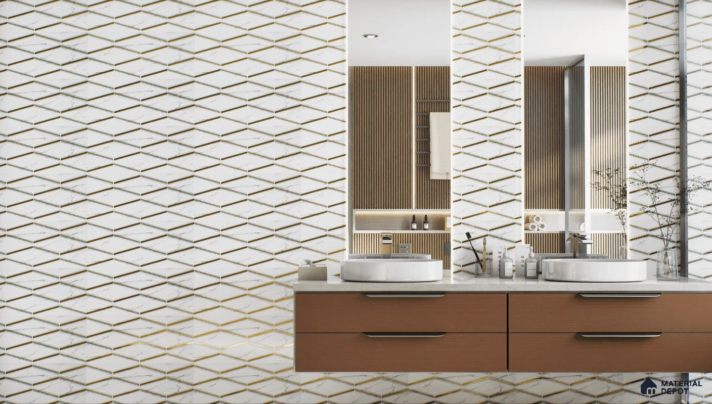Chic bathroom with diagonal marble and gold glass highlighter tiles.