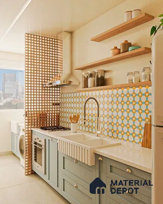 Geometric Grace: Modern Kitchen with Blue Cabinetry | Material Depot