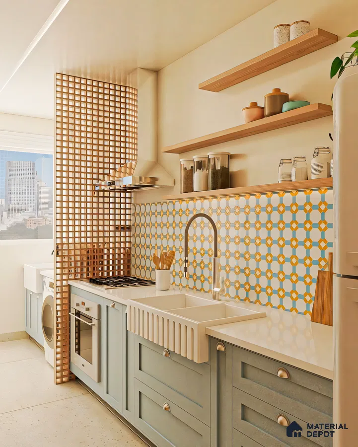 Geometric Grace: Modern Kitchen with Blue Cabinetry | Material Depot