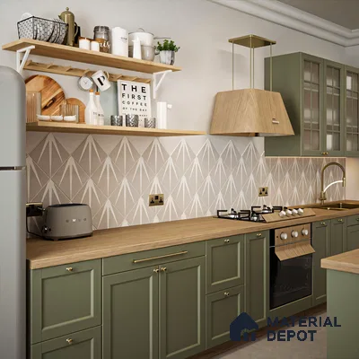 Geometric Harmony: Modern Kitchen with Green Cabinetry | Material Depot