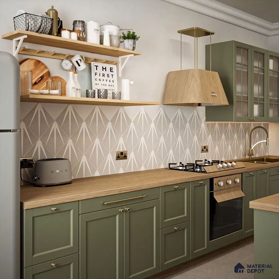 Geometric Harmony: Modern Kitchen with Green Cabinetry | Material Depot