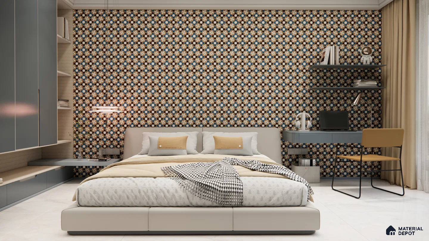Geometric Tile Accent Wall in Cozy Modern Bedroom | Material Depot