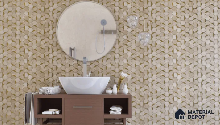 Warm bathroom with golden honeycomb glass highlighter tiles