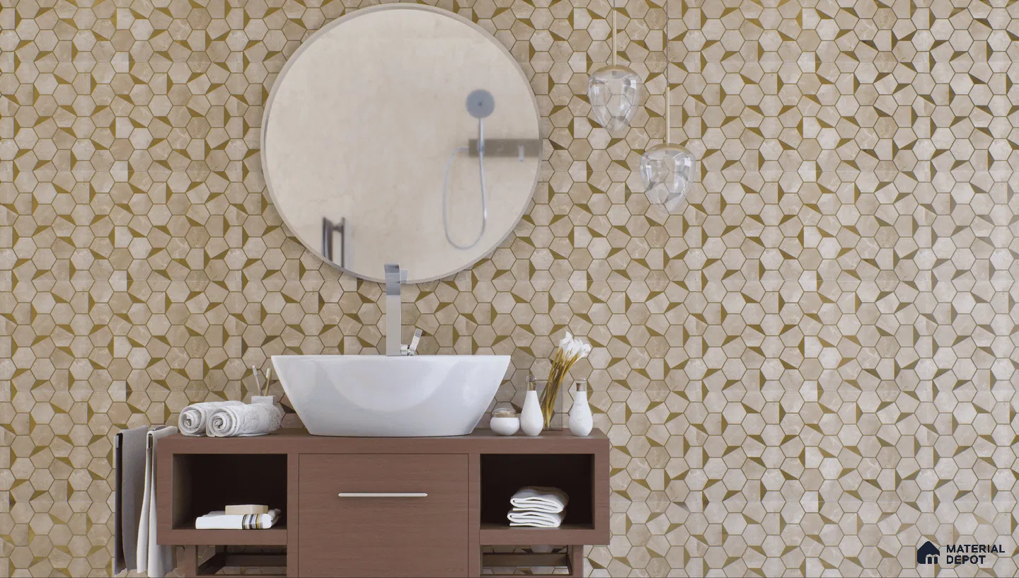 Warm bathroom with golden honeycomb glass highlighter tiles