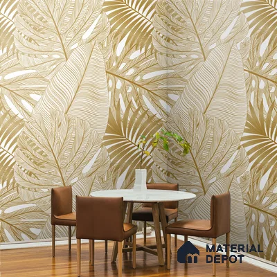 A close-up of a Gilded Greenery Tropical Leafy Splendor Wallpaper for Rooms Indrani Series Soft Feel Tropical Design (Customised Size Wallpaper )available at Material Depot in Bangalore
