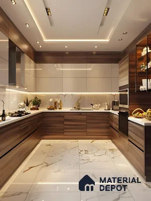 Glam Kitchen With Cream Glossy Uppers, Walnut Laminates & Luxe Marble Flooring Accents | Material Depot