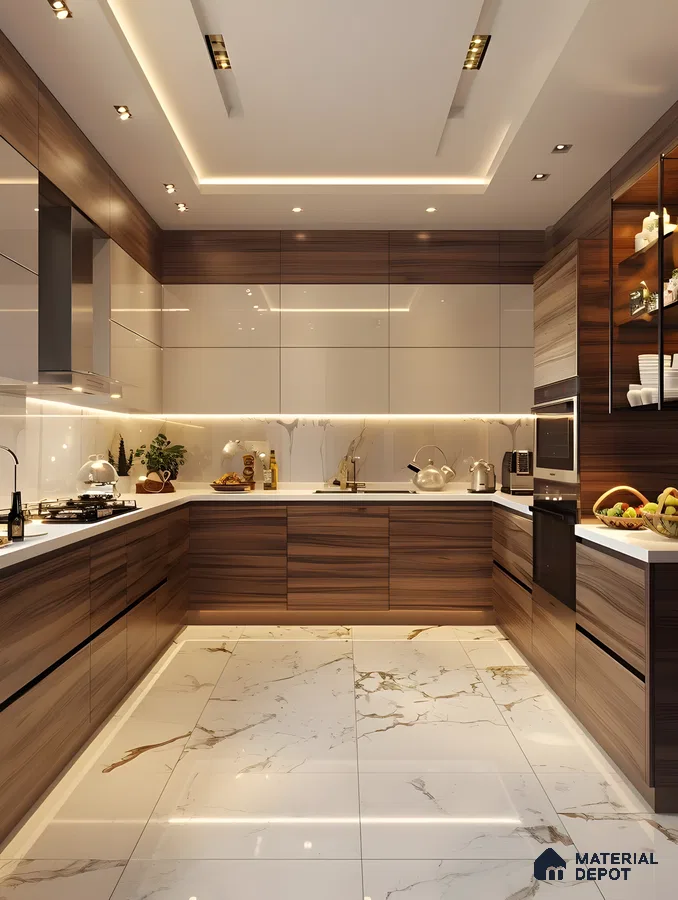 Glam Kitchen With Cream Glossy Uppers, Walnut Laminates & Luxe Marble Flooring Accents | Material Depot