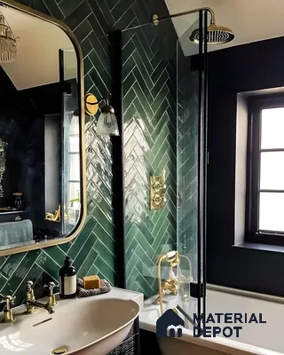 Glamorous Bathroom with Green Herringbone Tiles | Material Depot