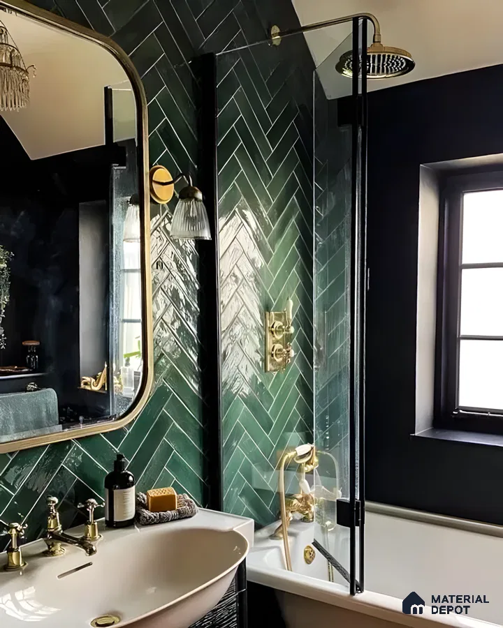 Glamorous Bathroom with Green Herringbone Tiles | Material Depot