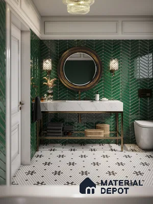 Glamorous Bathroom with Green Herringbone Tiles | Material Depot